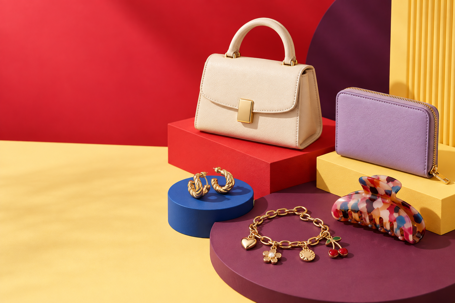 A colorful arrangement of a handbag, wallet, jewelry, and hair accessory
